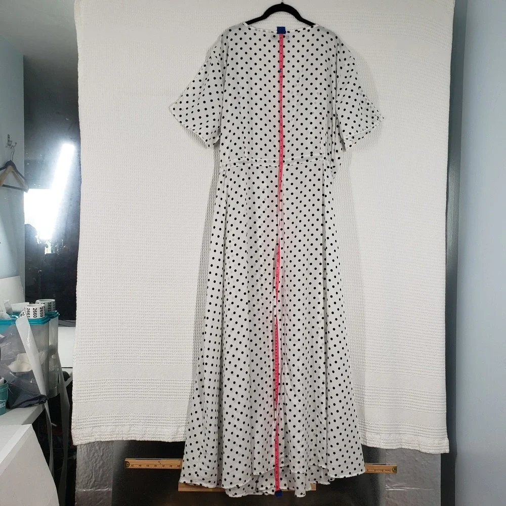 Boohoo Wrap Maxi Dress Womens 24 White Black Polka Dot Short Sleeve Romantic - Picture 8 of 16